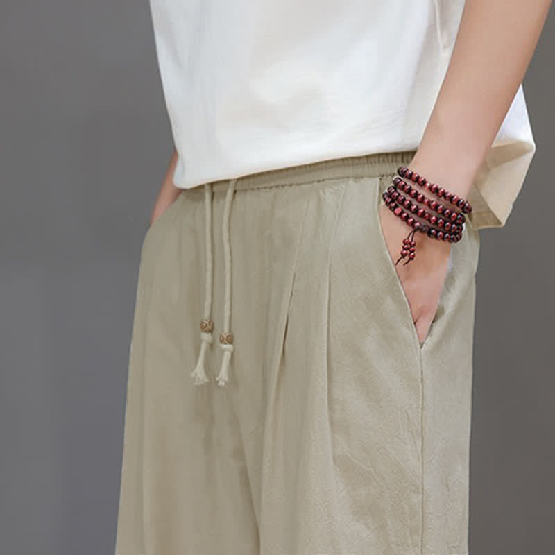 Buddha Stones Summer Casual Vintage Drawstring Solid Cotton Ankle Pants Men's Harem Pants With Pocket