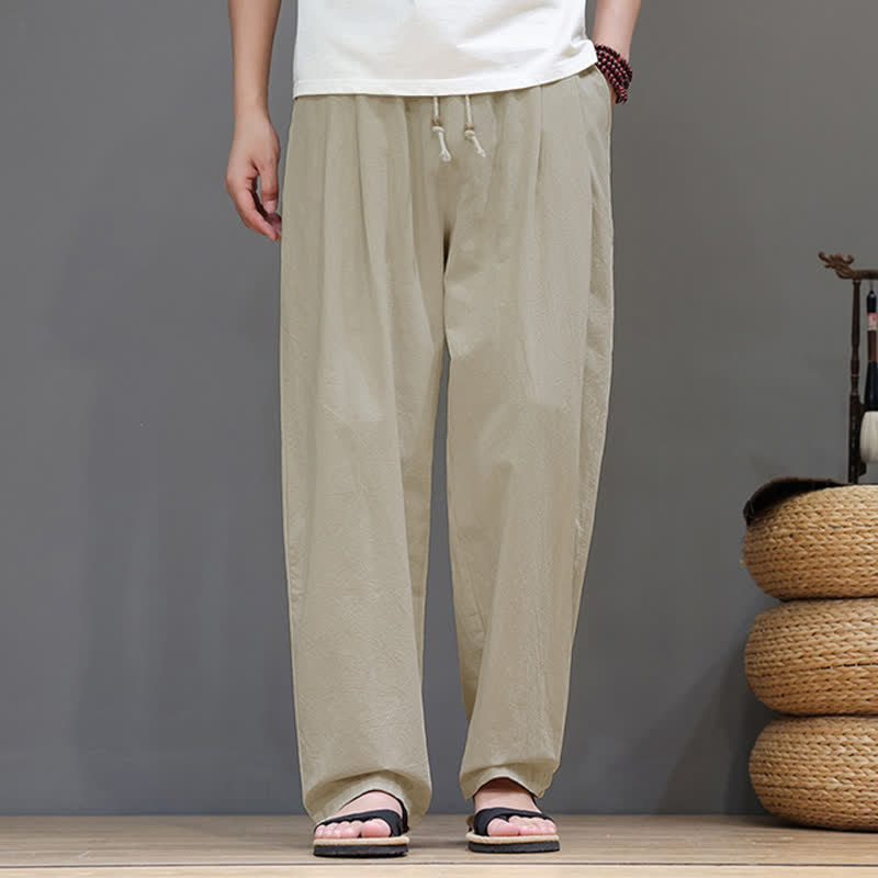 Buddha Stones Summer Casual Vintage Drawstring Solid Cotton Ankle Pants Men's Harem Pants With Pocket