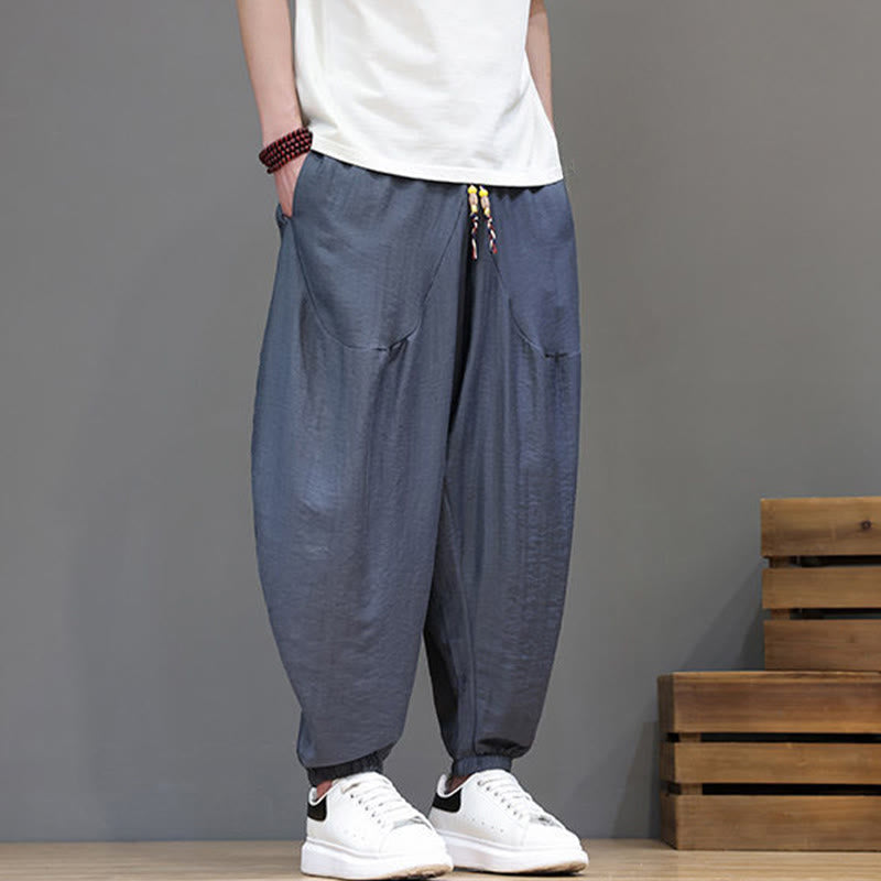 Buddha Stones Summer Casual Vintage Drawstring Solid Cotton Cropped Pants Men's Harem Pants With Pocket