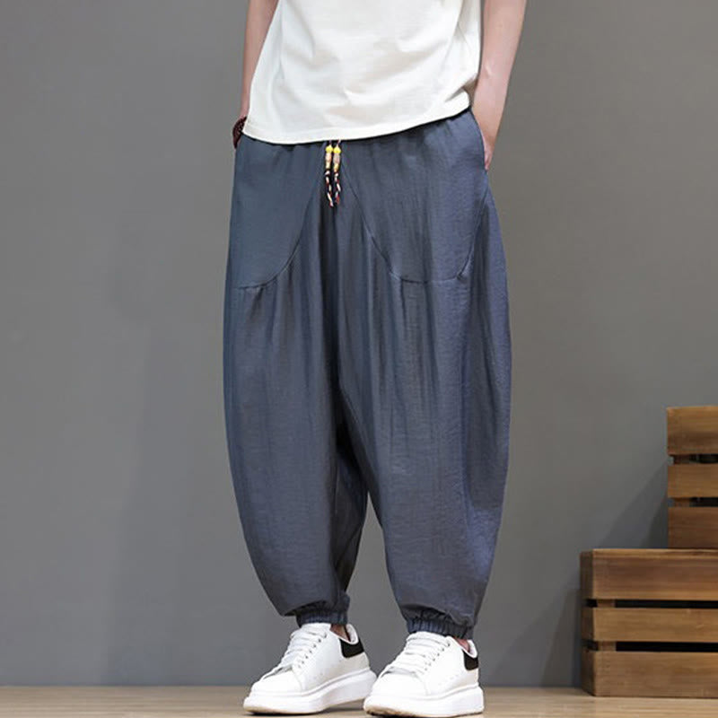 Buddha Stones Summer Casual Vintage Drawstring Solid Cotton Cropped Pants Men's Harem Pants With Pocket