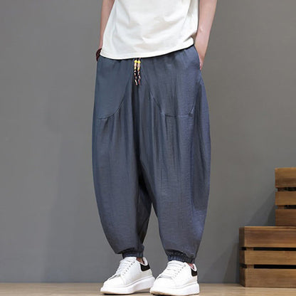 Buddha Stones Summer Casual Vintage Drawstring Solid Cotton Cropped Pants Men's Harem Pants With Pocket