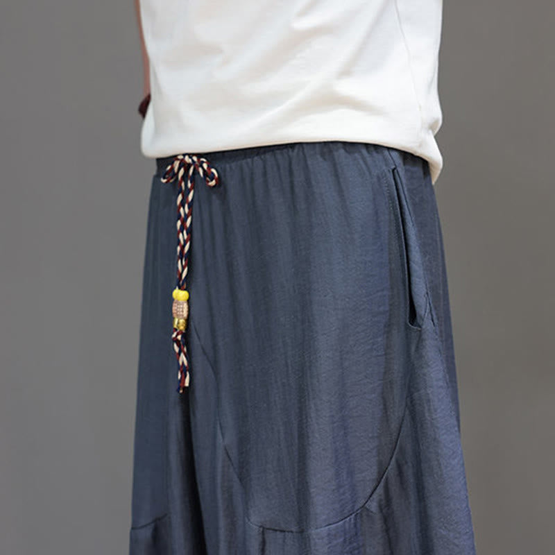 Buddha Stones Summer Casual Vintage Drawstring Solid Cotton Cropped Pants Men's Harem Pants With Pocket