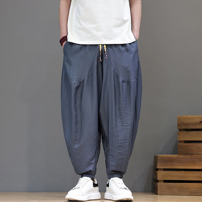 Buddha Stones Summer Casual Vintage Drawstring Solid Cotton Cropped Pants Men's Harem Pants With Pocket