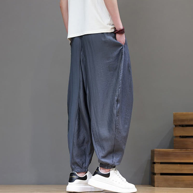 Buddha Stones Summer Casual Vintage Drawstring Solid Cotton Cropped Pants Men's Harem Pants With Pocket