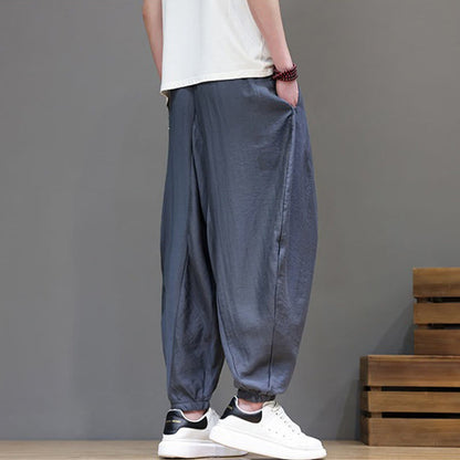 Buddha Stones Summer Casual Vintage Drawstring Solid Cotton Cropped Pants Men's Harem Pants With Pocket
