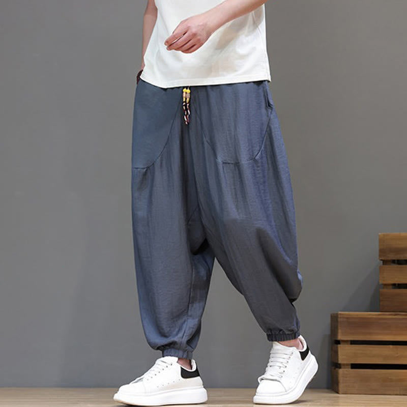 Buddha Stones Summer Casual Vintage Drawstring Solid Cotton Cropped Pants Men's Harem Pants With Pocket