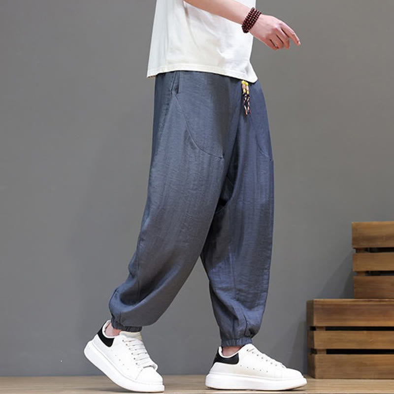 Buddha Stones Summer Casual Vintage Drawstring Solid Cotton Cropped Pants Men's Harem Pants With Pocket