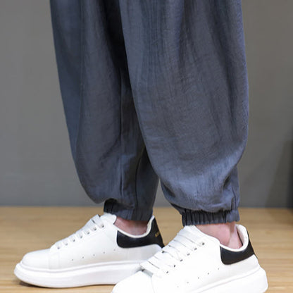 Buddha Stones Summer Casual Vintage Drawstring Solid Cotton Cropped Pants Men's Harem Pants With Pocket