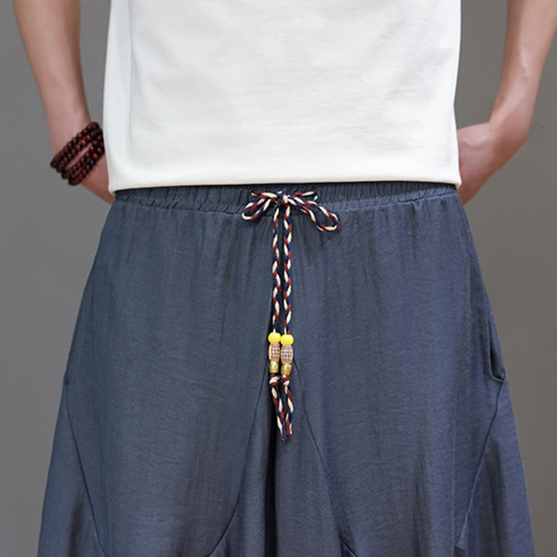 Buddha Stones Summer Casual Vintage Drawstring Solid Cotton Cropped Pants Men's Harem Pants With Pocket