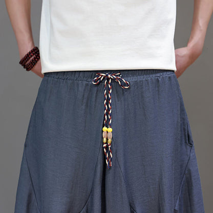 Buddha Stones Summer Casual Vintage Drawstring Solid Cotton Cropped Pants Men's Harem Pants With Pocket