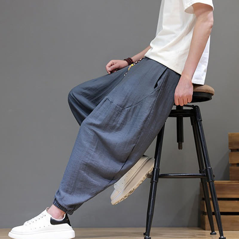 Buddha Stones Summer Casual Vintage Drawstring Solid Cotton Cropped Pants Men's Harem Pants With Pocket