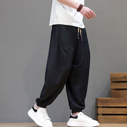 Buddha Stones Summer Casual Vintage Drawstring Solid Cotton Cropped Pants Men's Harem Pants With Pocket