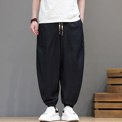 Buddha Stones Summer Casual Vintage Drawstring Solid Cotton Cropped Pants Men's Harem Pants With Pocket