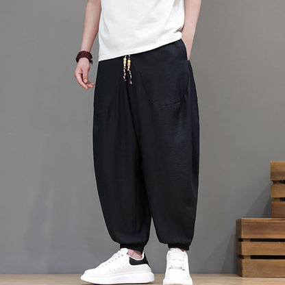 Buddha Stones Summer Casual Vintage Drawstring Solid Cotton Cropped Pants Men's Harem Pants With Pocket