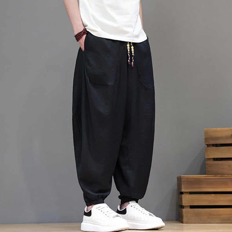 Buddha Stones Summer Casual Vintage Drawstring Solid Cotton Cropped Pants Men's Harem Pants With Pocket