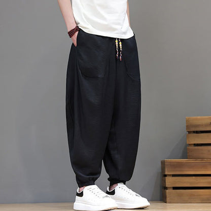 Buddha Stones Summer Casual Vintage Drawstring Solid Cotton Cropped Pants Men's Harem Pants With Pocket