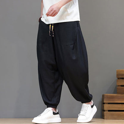 Buddha Stones Summer Casual Vintage Drawstring Solid Cotton Cropped Pants Men's Harem Pants With Pocket