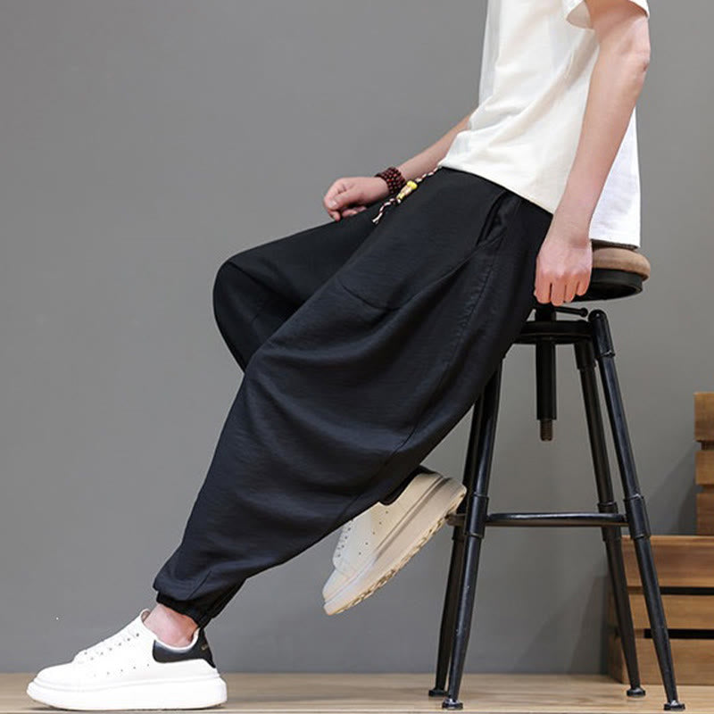 Buddha Stones Summer Casual Vintage Drawstring Solid Cotton Cropped Pants Men's Harem Pants With Pocket