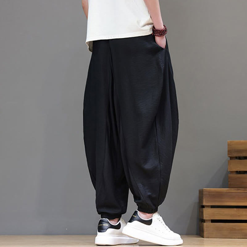 Buddha Stones Summer Casual Vintage Drawstring Solid Cotton Cropped Pants Men's Harem Pants With Pocket