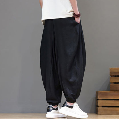 Buddha Stones Summer Casual Vintage Drawstring Solid Cotton Cropped Pants Men's Harem Pants With Pocket