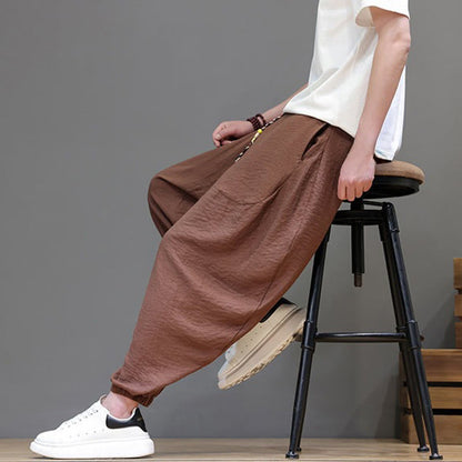 Buddha Stones Summer Casual Vintage Drawstring Solid Cotton Cropped Pants Men's Harem Pants With Pocket