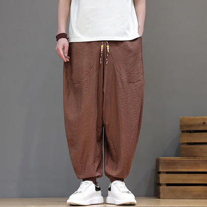 Buddha Stones Summer Casual Vintage Drawstring Solid Cotton Cropped Pants Men's Harem Pants With Pocket