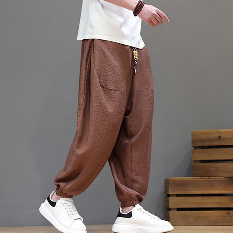 Buddha Stones Summer Casual Vintage Drawstring Solid Cotton Cropped Pants Men's Harem Pants With Pocket
