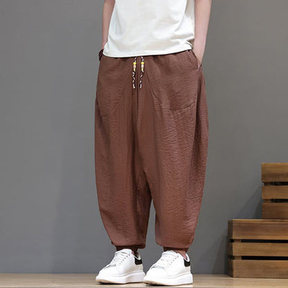 Buddha Stones Summer Casual Vintage Drawstring Solid Cotton Cropped Pants Men's Harem Pants With Pocket