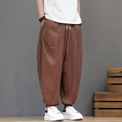 Buddha Stones Summer Casual Vintage Drawstring Solid Cotton Cropped Pants Men's Harem Pants With Pocket