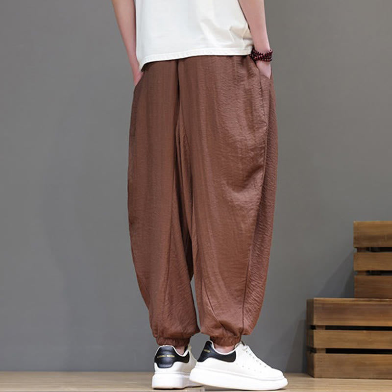 Buddha Stones Summer Casual Vintage Drawstring Solid Cotton Cropped Pants Men's Harem Pants With Pocket