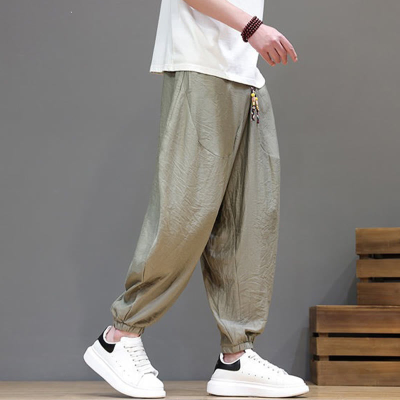 Buddha Stones Summer Casual Vintage Drawstring Solid Cotton Cropped Pants Men's Harem Pants With Pocket