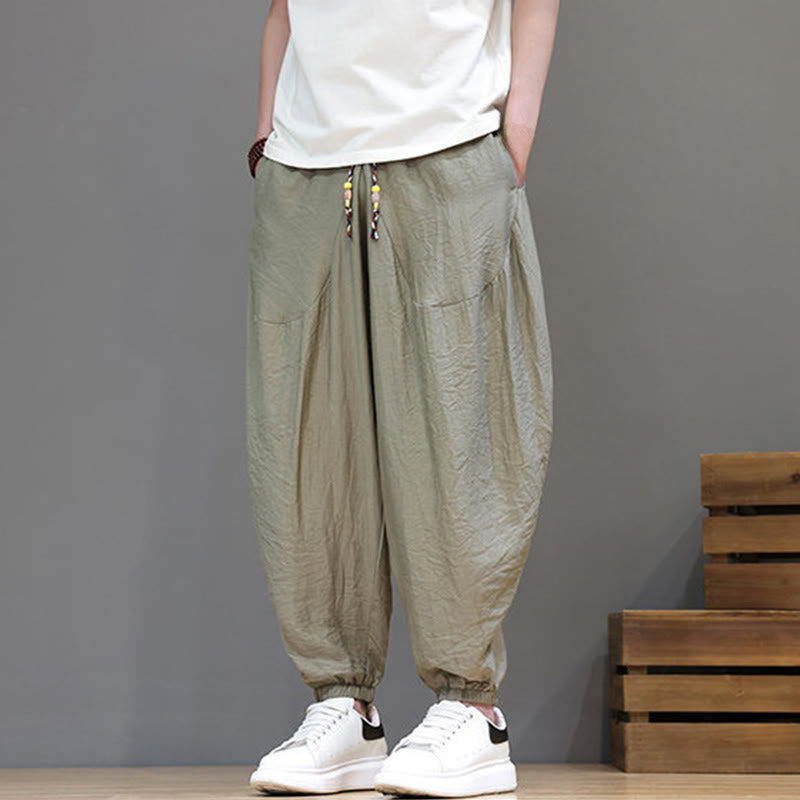 Buddha Stones Summer Casual Vintage Drawstring Solid Cotton Cropped Pants Men's Harem Pants With Pocket