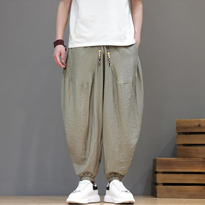 Buddha Stones Summer Casual Vintage Drawstring Solid Cotton Cropped Pants Men's Harem Pants With Pocket