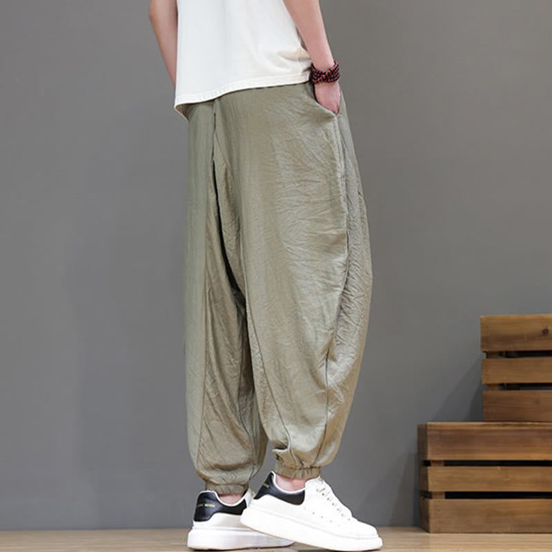 Buddha Stones Summer Casual Vintage Drawstring Solid Cotton Cropped Pants Men's Harem Pants With Pocket