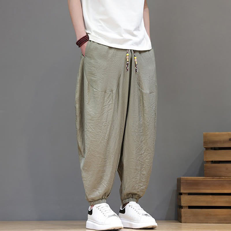 Buddha Stones Summer Casual Vintage Drawstring Solid Cotton Cropped Pants Men's Harem Pants With Pocket