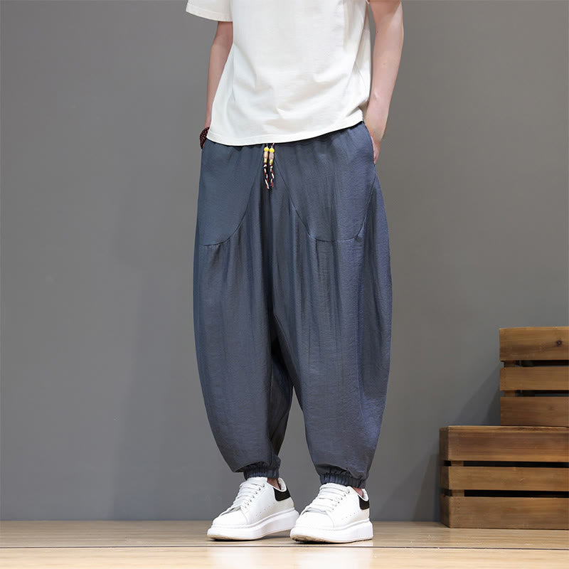Buddha Stones Summer Casual Vintage Drawstring Solid Cotton Cropped Pants Men's Harem Pants With Pocket