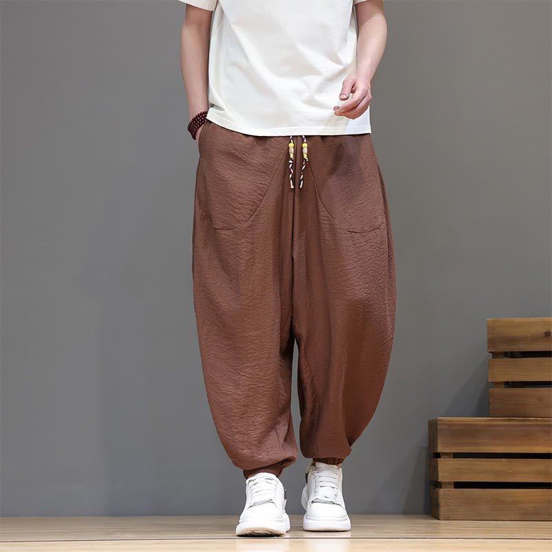 Buddha Stones Summer Casual Vintage Drawstring Solid Cotton Cropped Pants Men's Harem Pants With Pocket