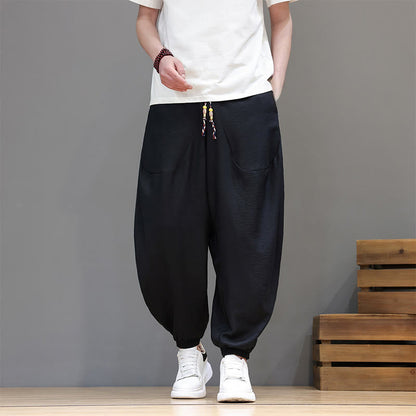 Buddha Stones Summer Casual Vintage Drawstring Solid Cotton Cropped Pants Men's Harem Pants With Pocket
