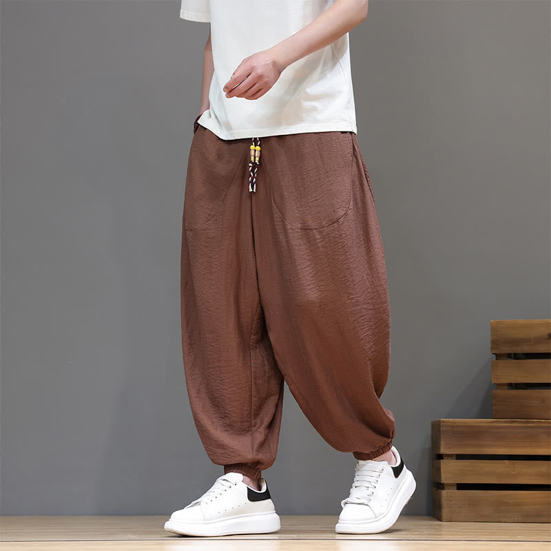 Buddha Stones Summer Casual Vintage Drawstring Solid Cotton Cropped Pants Men's Harem Pants With Pocket