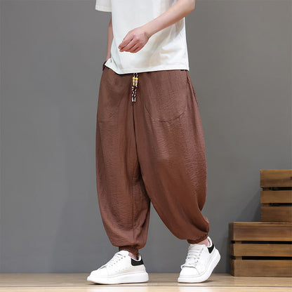 Buddha Stones Summer Casual Vintage Drawstring Solid Cotton Cropped Pants Men's Harem Pants With Pocket