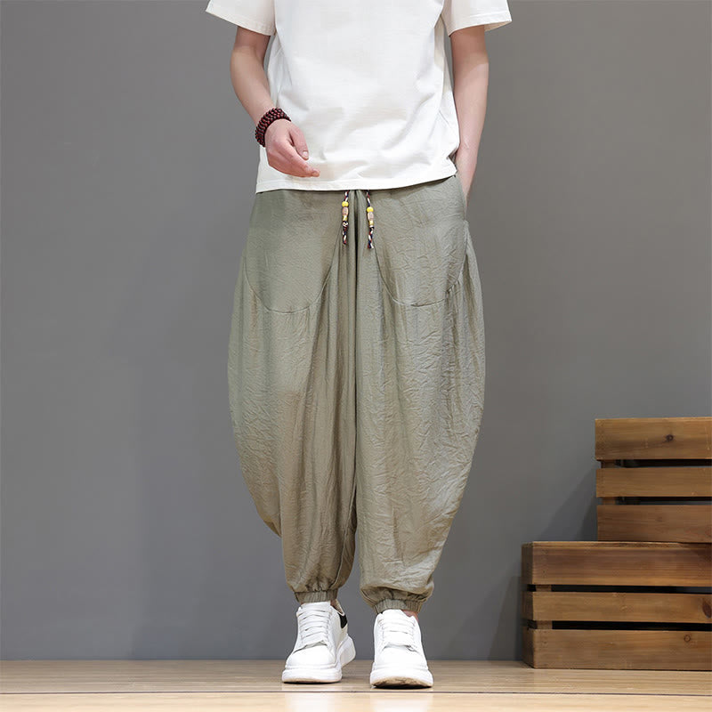 Buddha Stones Summer Casual Vintage Drawstring Solid Cotton Cropped Pants Men's Harem Pants With Pocket