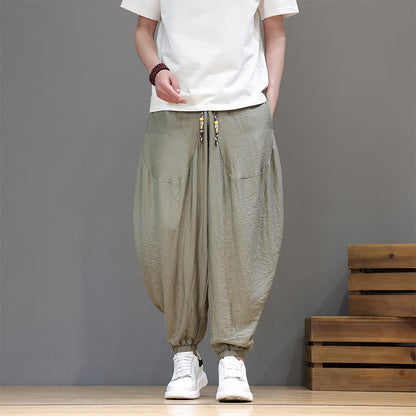 Buddha Stones Summer Casual Vintage Drawstring Solid Cotton Cropped Pants Men's Harem Pants With Pocket
