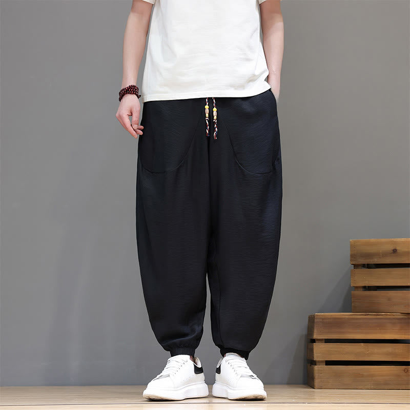Buddha Stones Summer Casual Vintage Drawstring Solid Cotton Cropped Pants Men's Harem Pants With Pocket
