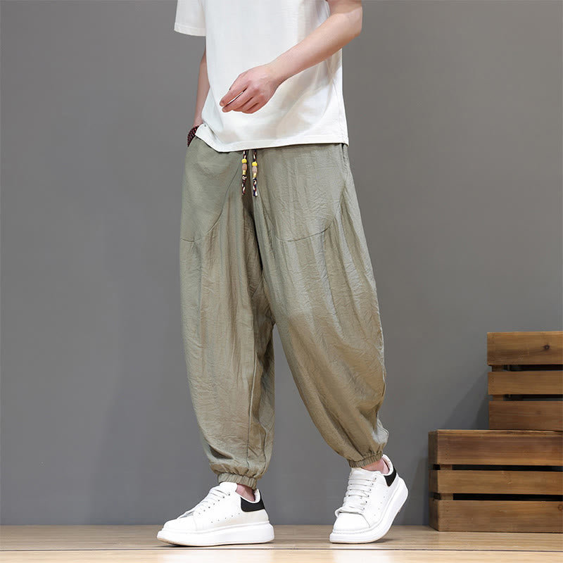 Buddha Stones Summer Casual Vintage Drawstring Solid Cotton Cropped Pants Men's Harem Pants With Pocket