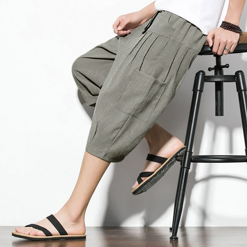 Buddha Stones Summer Casual Minimalist Drawstring Solid Men's Cropped Pants With Pocket