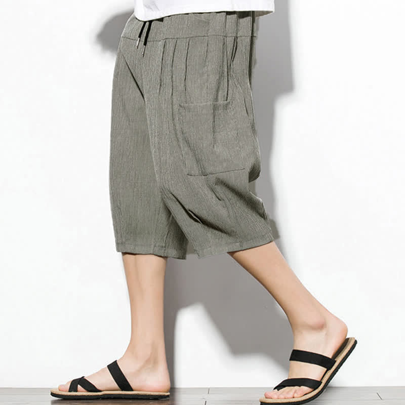 Buddha Stones Summer Casual Minimalist Drawstring Solid Men's Cropped Pants With Pocket