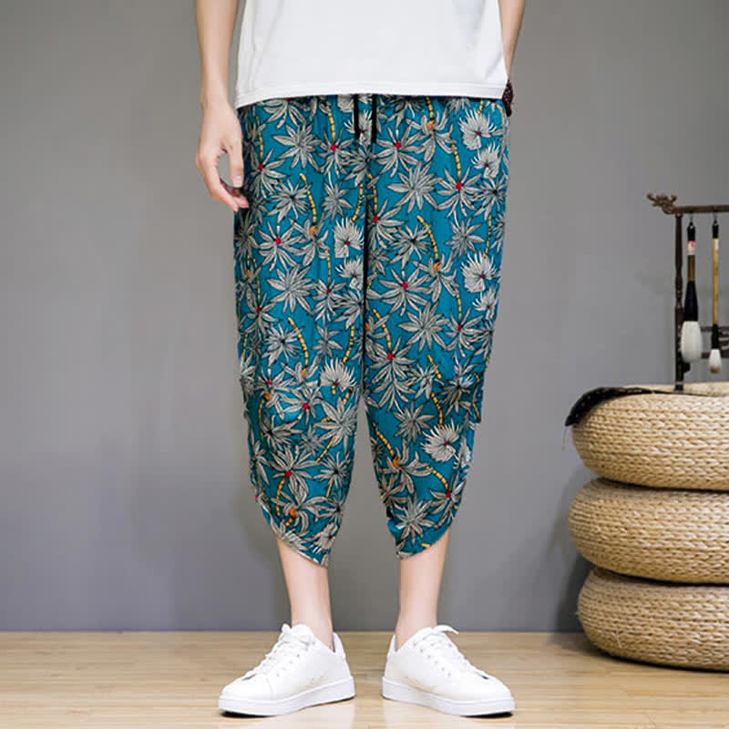 Buddha Stones Summer Boho Casual Drawstring Floral Capri Pants Men's Harem Pants With Pocket