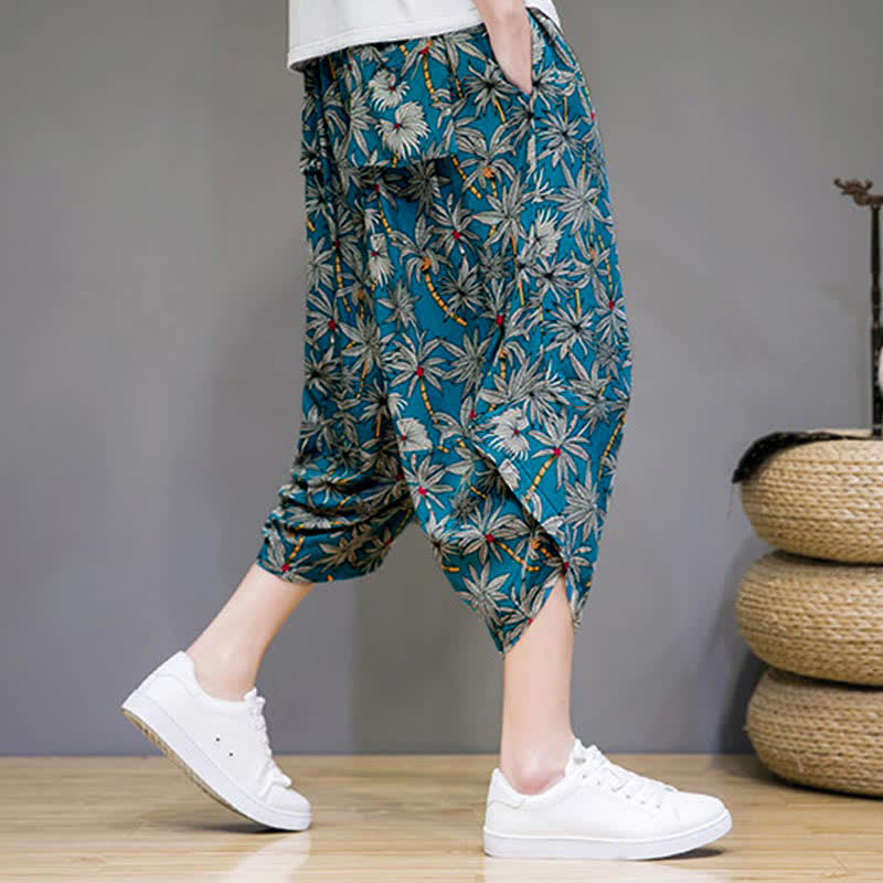 Buddha Stones Summer Boho Casual Drawstring Floral Capri Pants Men's Harem Pants With Pocket