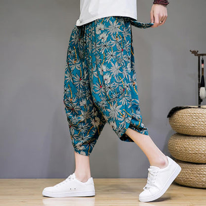 Buddha Stones Summer Boho Casual Drawstring Floral Capri Pants Men's Harem Pants With Pocket