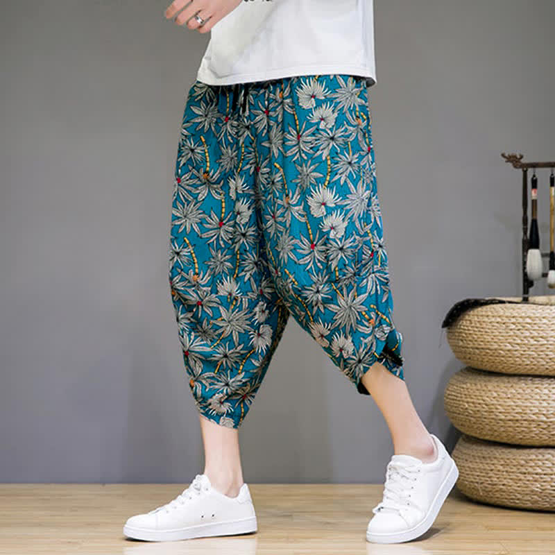 Buddha Stones Summer Boho Casual Drawstring Floral Capri Pants Men's Harem Pants With Pocket